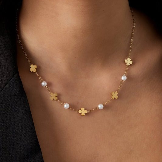Stainless steel ketting met klavertjesvier en parels – Lucky Clover Pearl Ketting