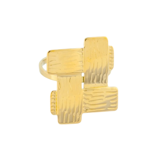 Gouden rechthoekige ring met lijnstructuur van stainless steel