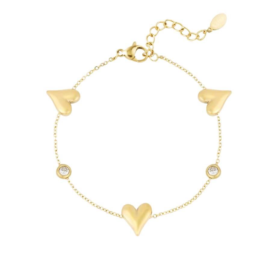 Armband met drie harten en twee glinsterende steentjes van roestvrij staal
