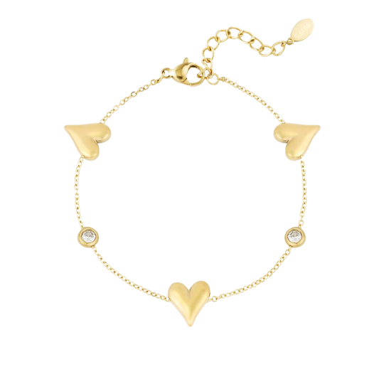 Armband met drie harten en twee glinsterende steentjes van roestvrij staal