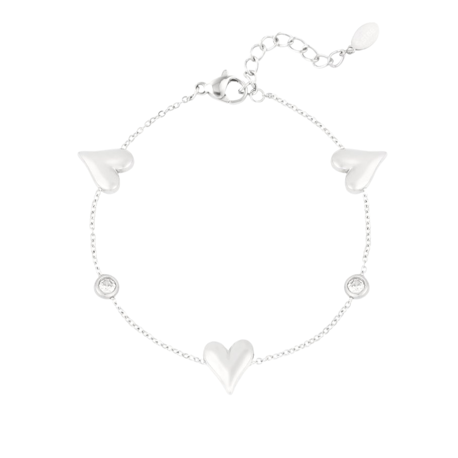 Armband met drie harten en twee glinsterende steentjes van roestvrij staal