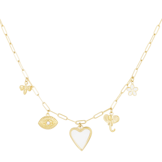 Ketting met bedels in de vorm van hart, bloem, olifant, bijtje en oog met steentje