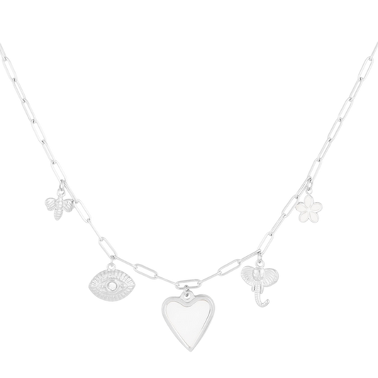 Ketting met bedels in de vorm van hart, bloem, olifant, bijtje en oog met steentje