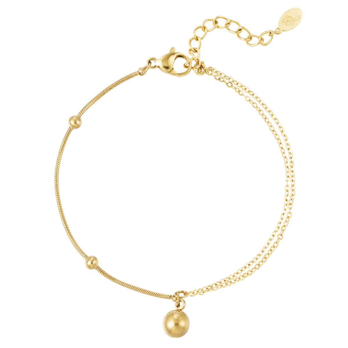 gouden armband met dubbele ketting en bolvormige hanger van stainless steel