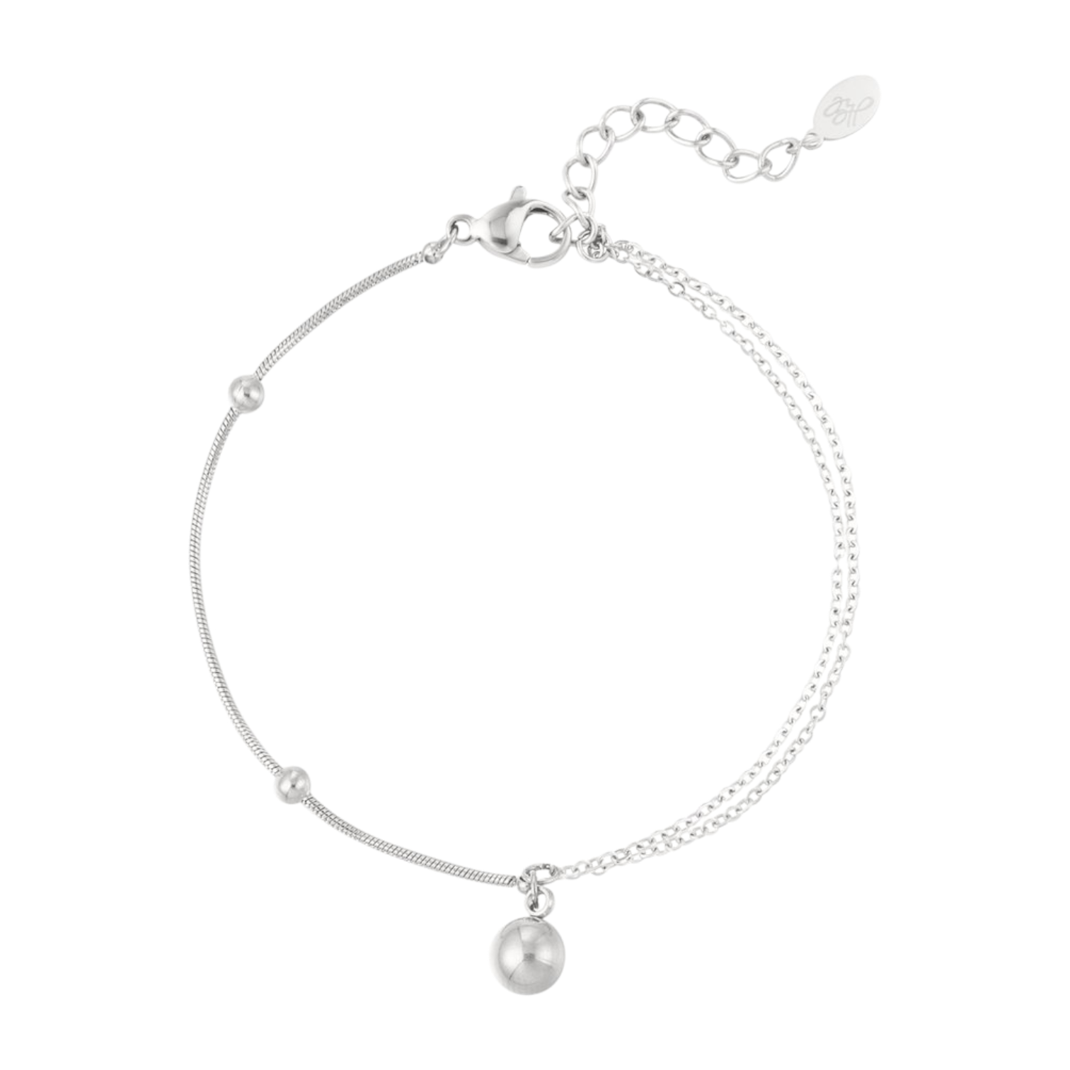 Zilveren armband met dubbele ketting en bolvormige hanger van stainless steel