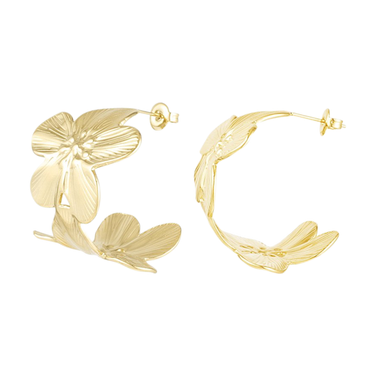 Gouden hoepeloorbellen met bloemmotief van stainless steel