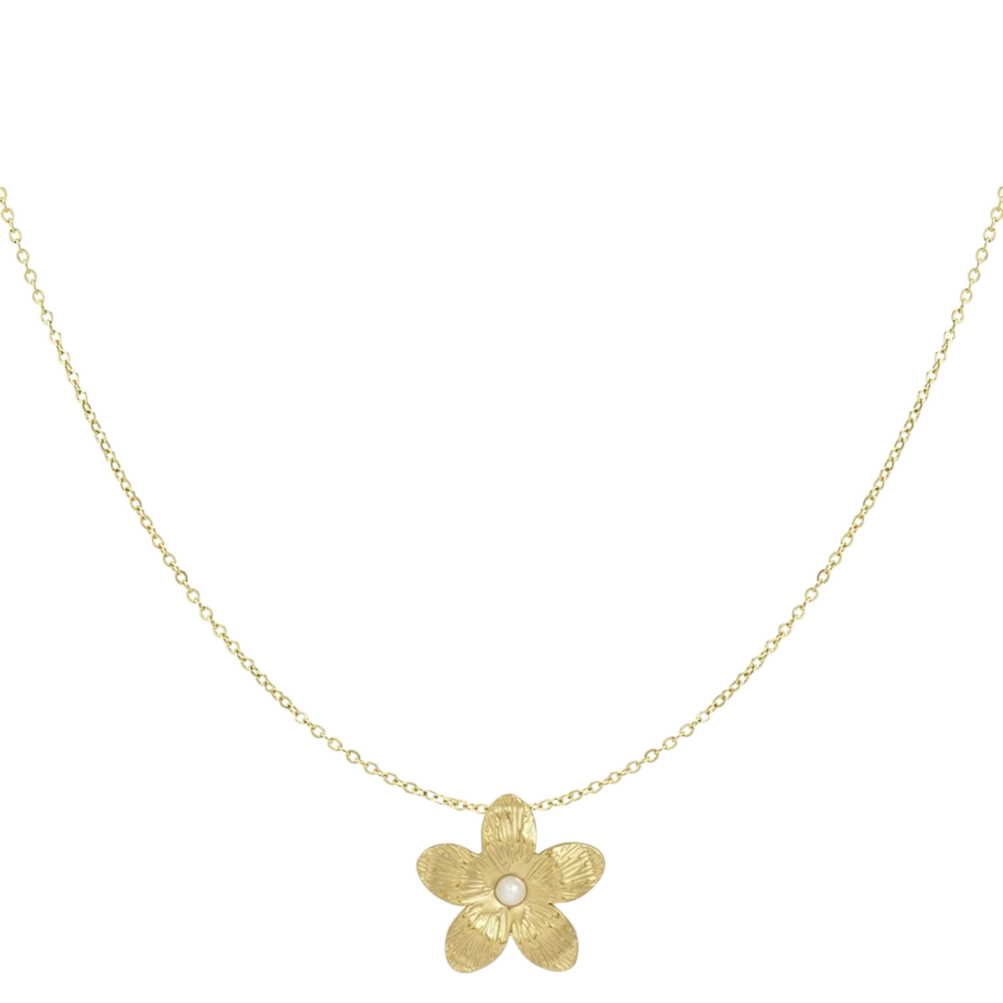 Stainless steel ketting met bloemvormige hanger en parel – Priscious Jewellery