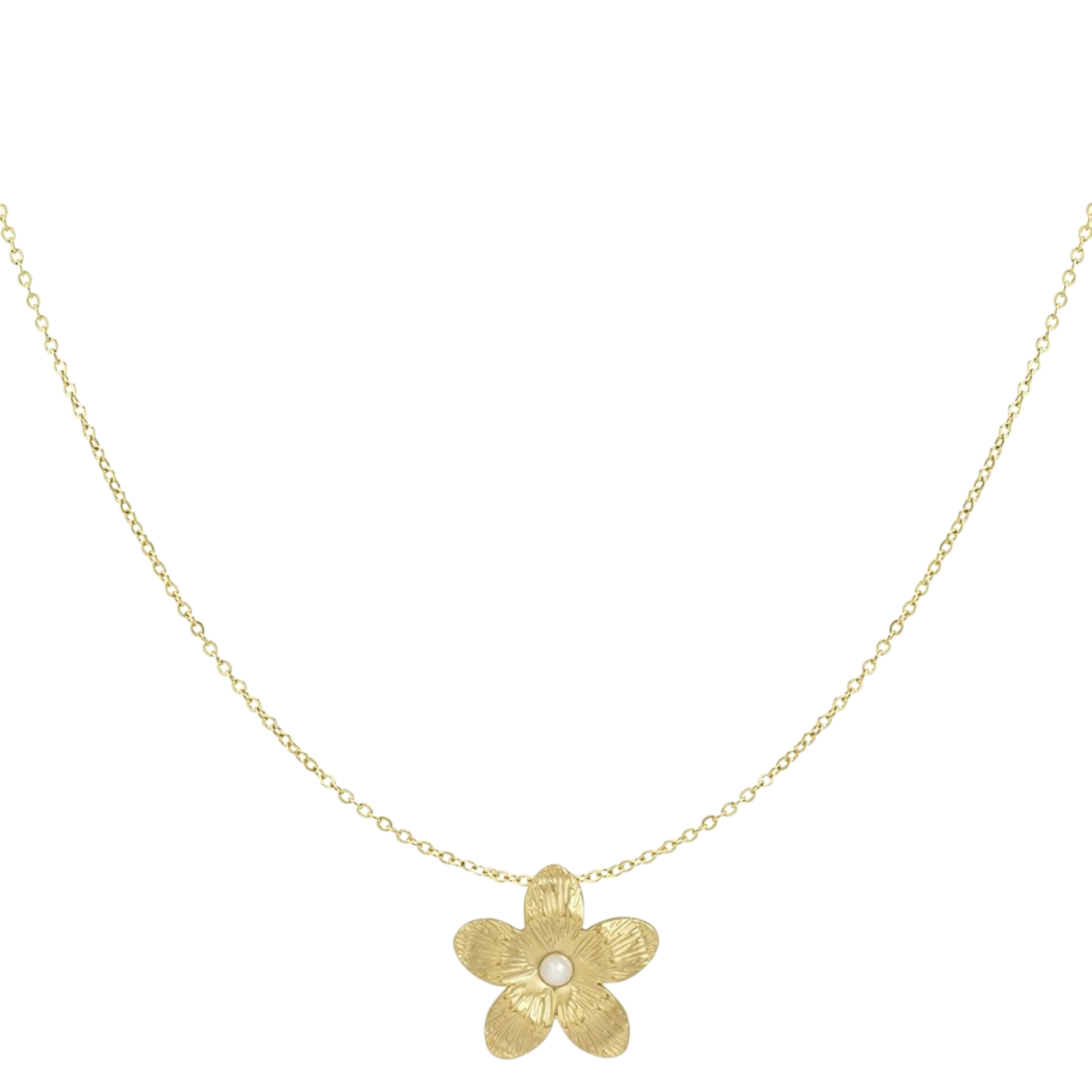 Stainless steel ketting met bloemvormige hanger en parel – Priscious Jewellery