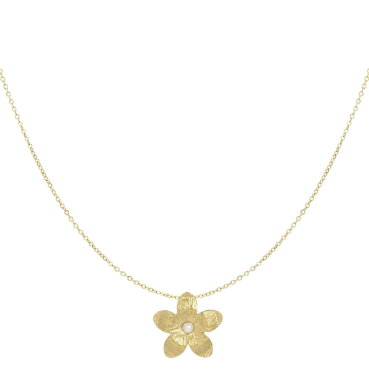 Stainless steel ketting met bloemvormige hanger en parel – Priscious Jewellery