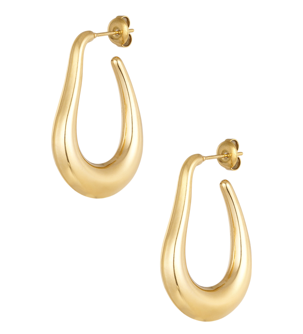 Gouden Liquid Drops Hoops met sierlijke, moderne vorm. Waterbestendig, comfortabel en gemaakt van stainless steel.