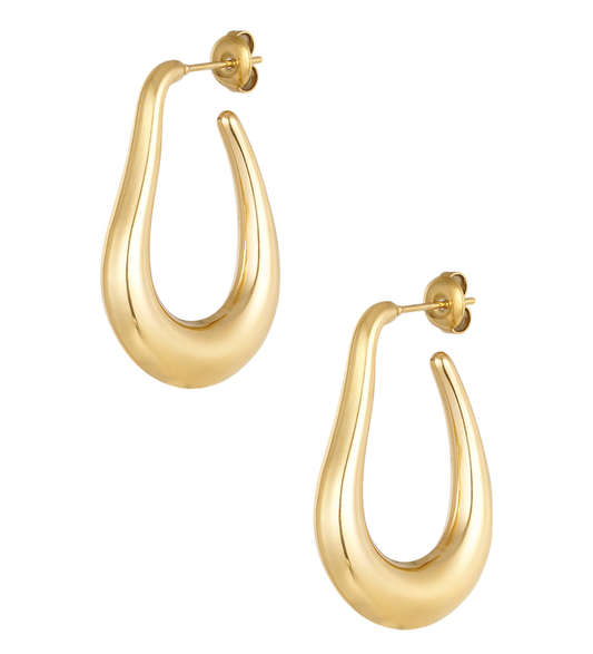 Gouden Liquid Drops Hoops met sierlijke, moderne vorm. Waterbestendig, comfortabel en gemaakt van stainless steel.