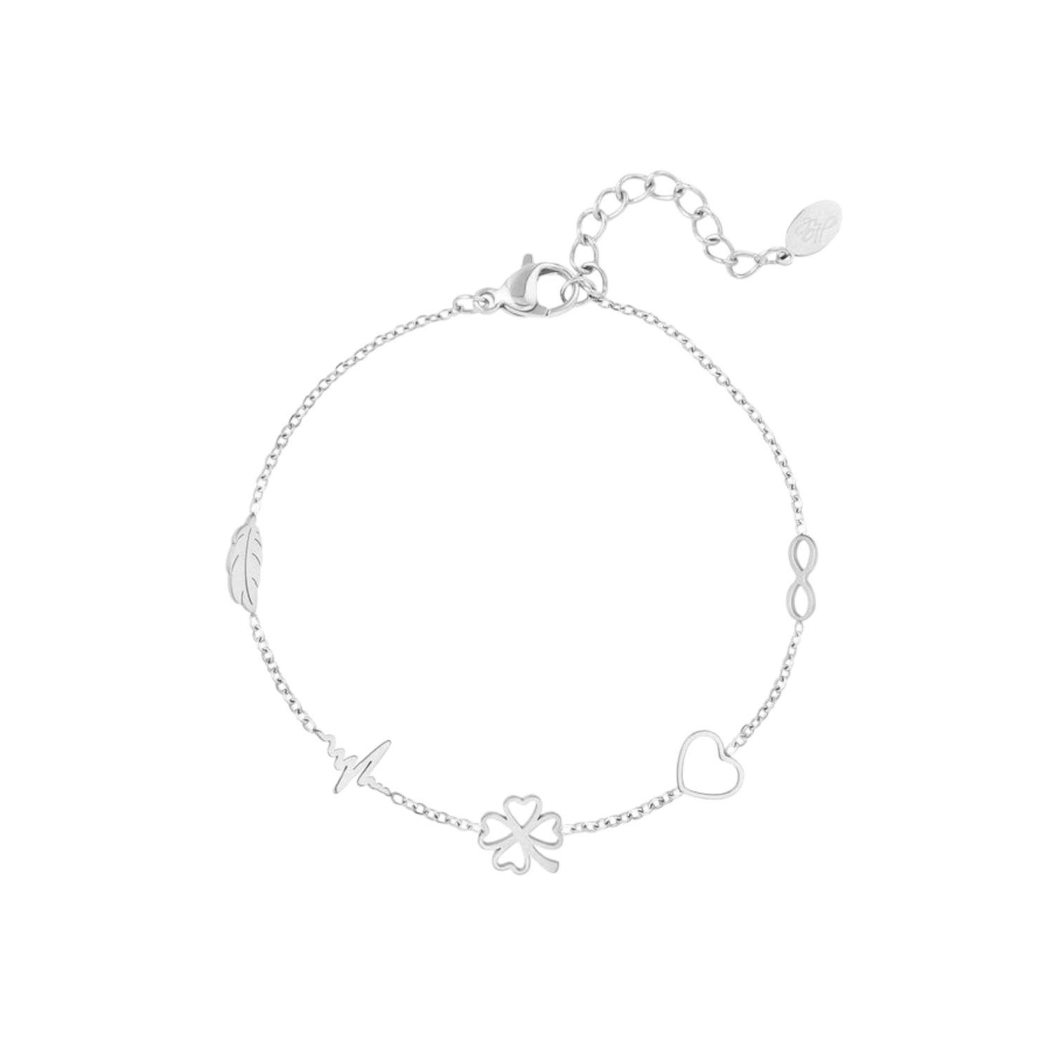 Armband met symbolische bedels zoals hartje, klavertjevier en infinity van roestvrij staal