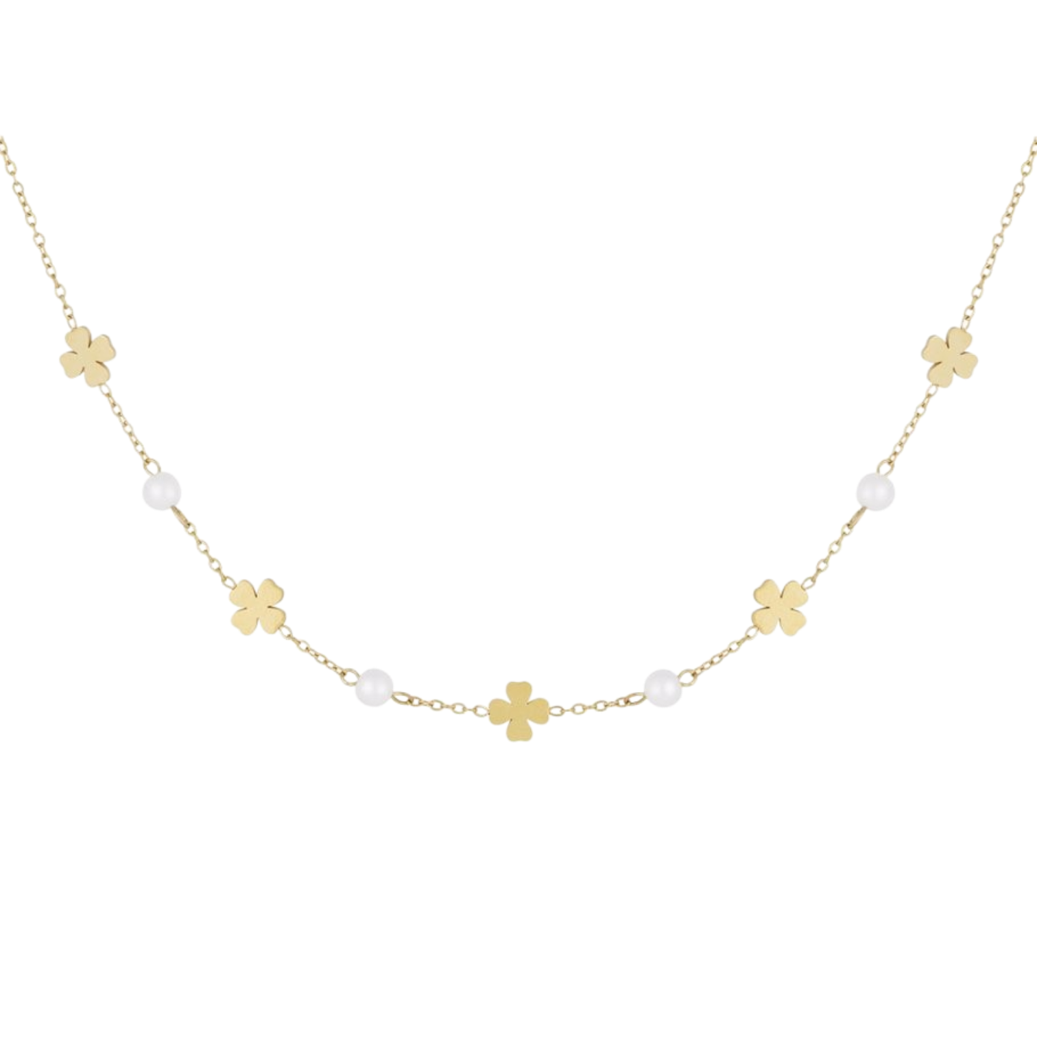Stainless steel ketting met klavertjesvier en parels – Lucky Clover Pearl Ketting