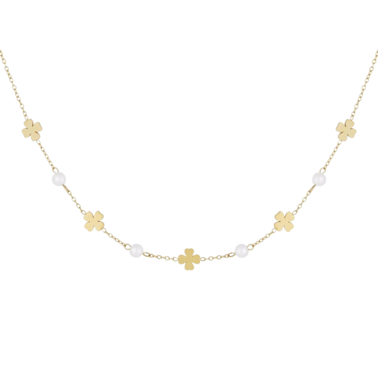 Stainless steel ketting met klavertjesvier en parels – Lucky Clover Pearl Ketting