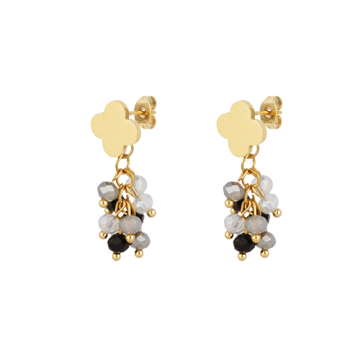 Oorbellen met bloemvormige steker en glanzende kralen van stainless steel