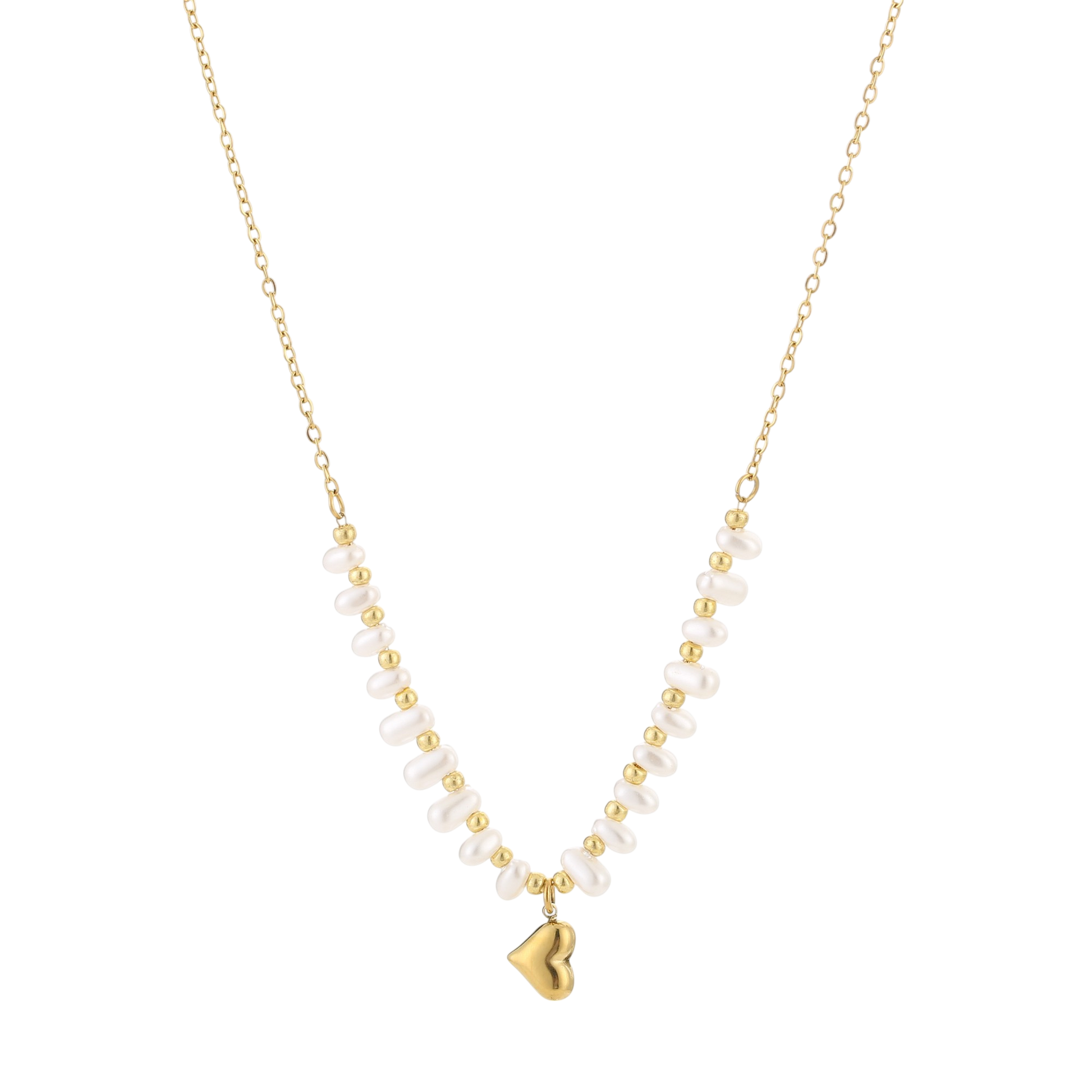 Ketting met witte kralen en hartvormige hanger