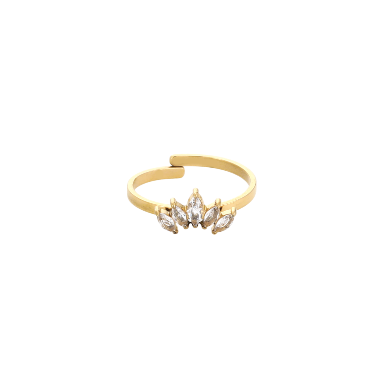 Verstelbare ring met vijf glinsterende steentjes in kroonvorm van roestvrij staal