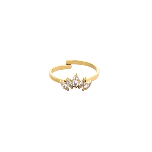 Verstelbare ring met vijf glinsterende steentjes in kroonvorm van roestvrij staal