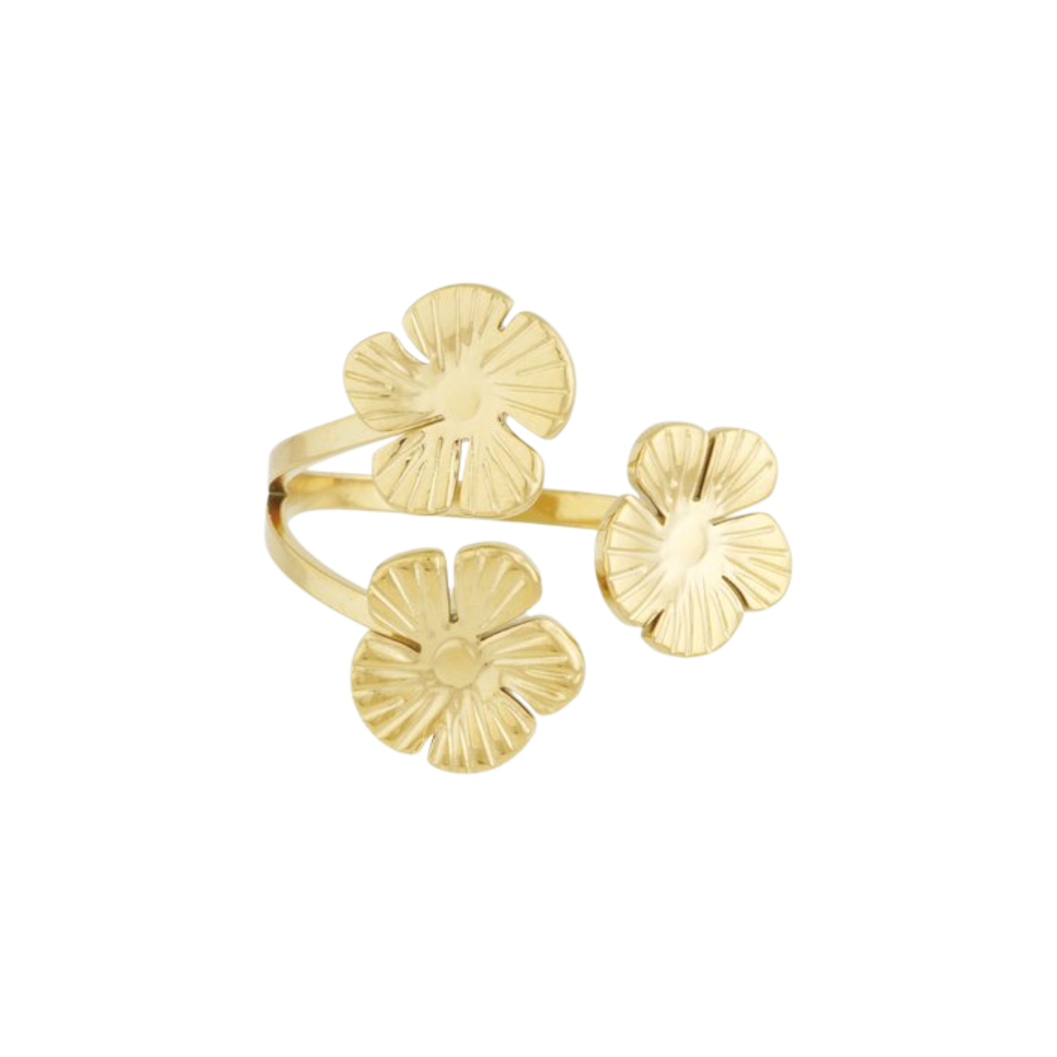 gouden verstelbare ring met drie bloemvormige details van stainless steel