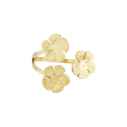 gouden verstelbare ring met drie bloemvormige details van stainless steel