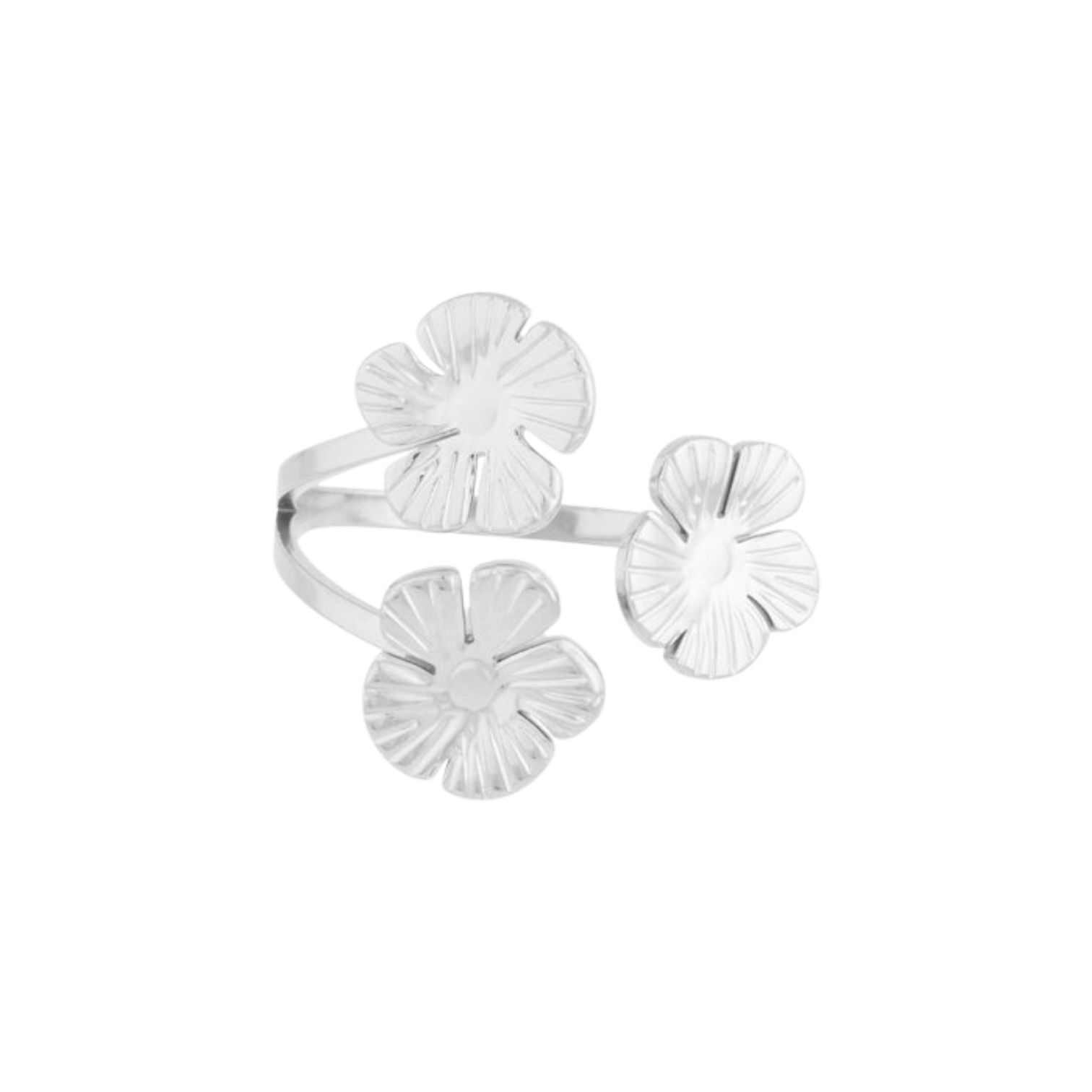 Zilveren verstelbare ring met drie bloemvormige details van stainless steel