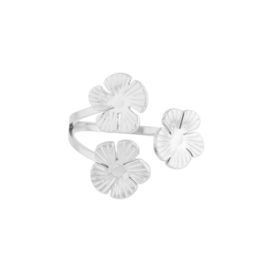 Zilveren verstelbare ring met drie bloemvormige details van stainless steel