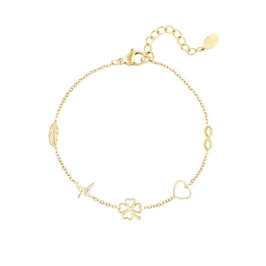Armband met symbolische bedels zoals hartje, klavertjevier en infinity van roestvrij staal