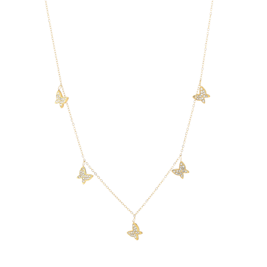 Ketting met vijf vlinderbedels en glinsterende steentjes van roestvrij staal