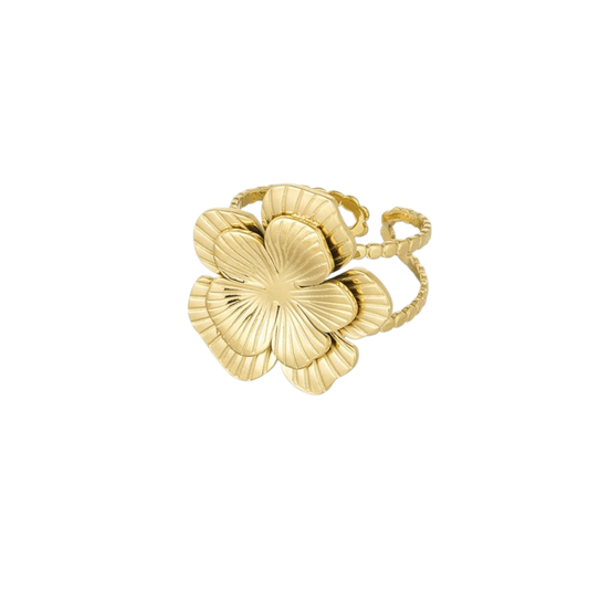Verstelbare ring met twee overlappende bloemen in goudkleurig stainless steel
