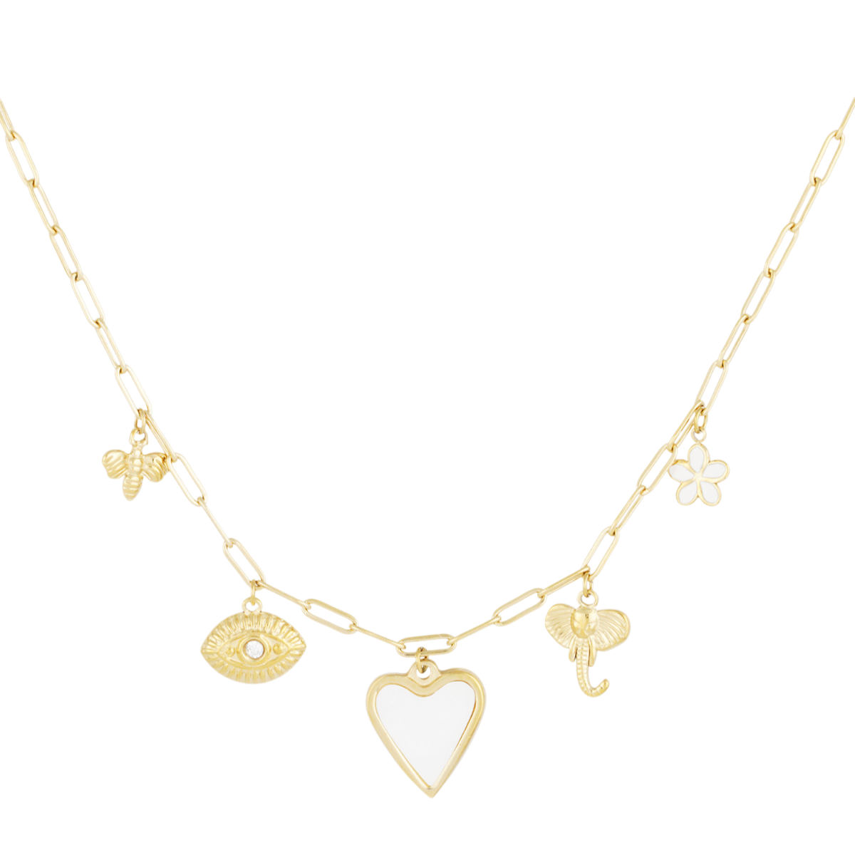 Ketting met bedels in de vorm van hart, bloem, olifant, bijtje en oog met steentje
