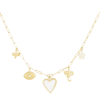 Ketting met bedels in de vorm van hart, bloem, olifant, bijtje en oog met steentje
