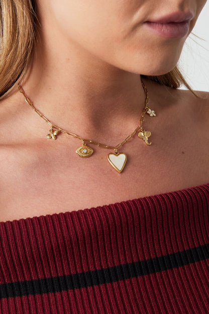 Ketting met bedels in de vorm van hart, bloem, olifant, bijtje en oog met steentje
