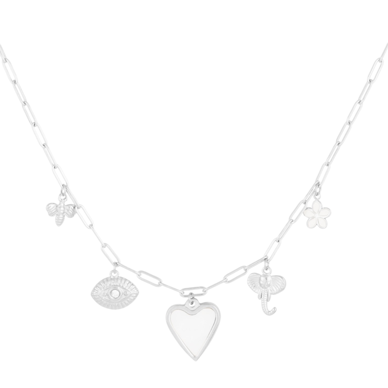 Ketting met bedels in de vorm van hart, bloem, olifant, bijtje en oog met steentje
