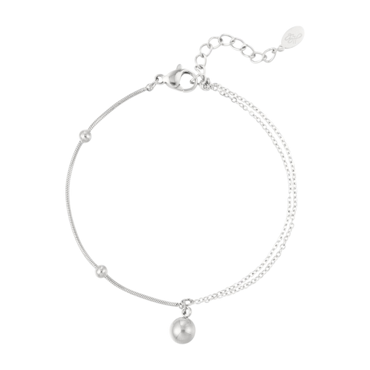 Zilveren armband met dubbele ketting en bolvormige hanger van stainless steel