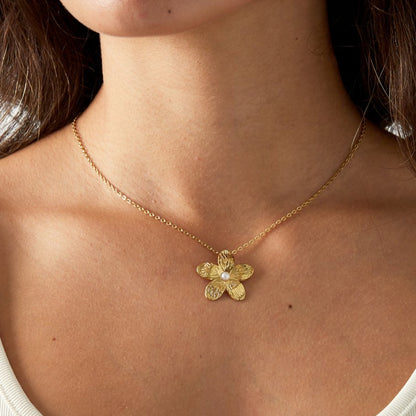 Stainless steel ketting met bloemvormige hanger en parel – Priscious Jewellery

