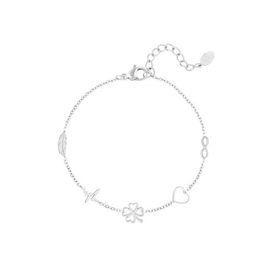 Armband met symbolische bedels zoals hartje, klavertjevier en infinity van roestvrij staal