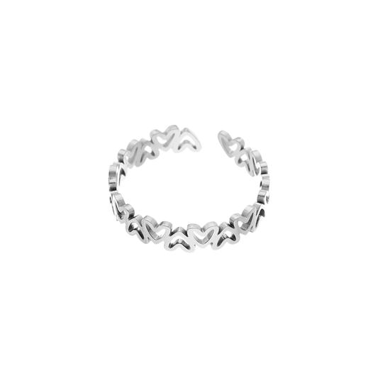 Zilveren verstelbare ring met open hartjes van stainless steel