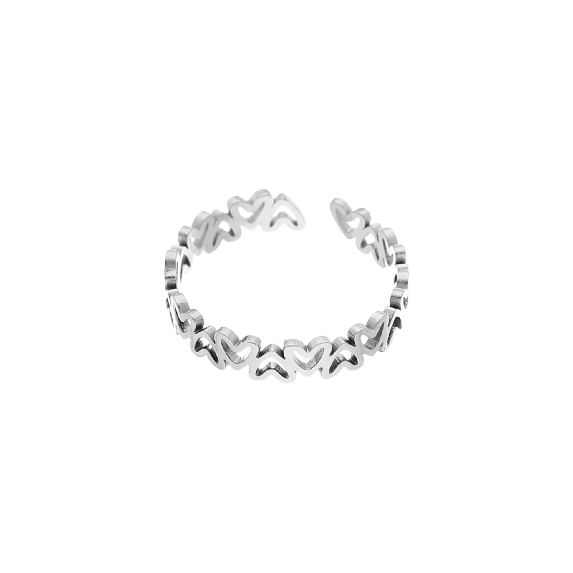Zilveren verstelbare ring met open hartjes van stainless steel