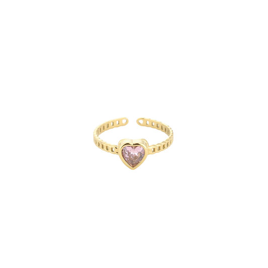 Verstelbare ring met roze hartvormige steen van stainless steel

